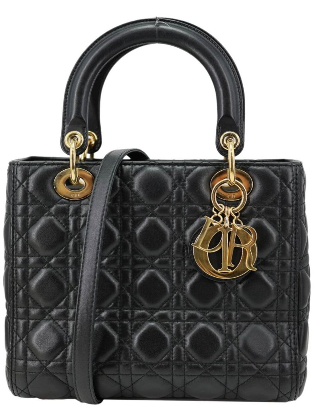 Christian Dior Lady Dior Medium Cannage Lambskin Leather Tote Shoulder Bag Blac